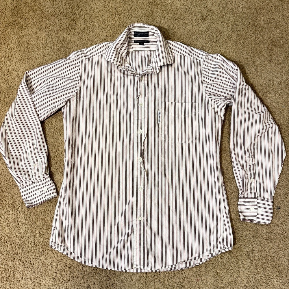 Faconnable Dress Shirt Mens 14.5 White Black Striped Pocket Classic